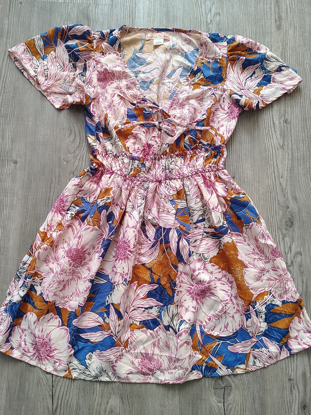 Band Of The Free Floral Tie Front Shirred Waist Mini Dress With Pockets Size S